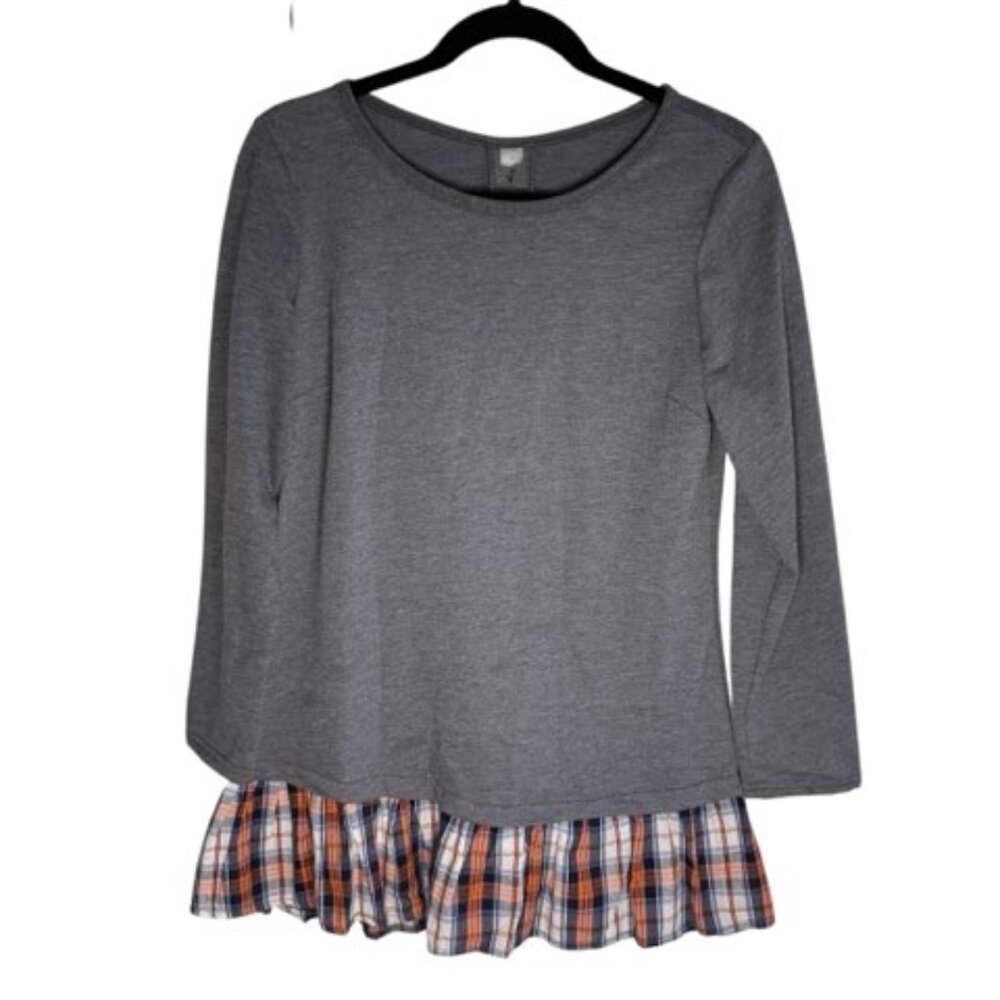 Gray blouse with orange plaid undershirt. Size Medium.